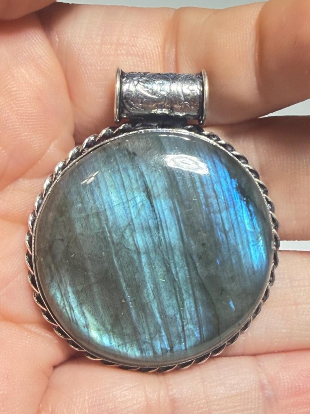 Labradorite Pendant | Blue Flash | Round | Hollow 925 Stamped Bale | 1.75 Inches